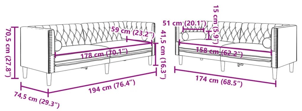 2 pcs conjunto de sofás chesterfield com rolos veludo rosa