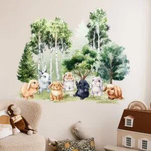 Autocolante de parede para quarto de criança - Coelhinhos no prado verde