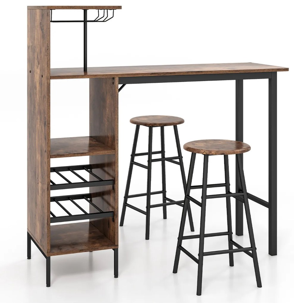 Conjunto de 3 peças de mesa e cadeiras de bar, mesa industrial e bancos com porta-copos, prateleiras para sala de jantar, cozinha Castanho