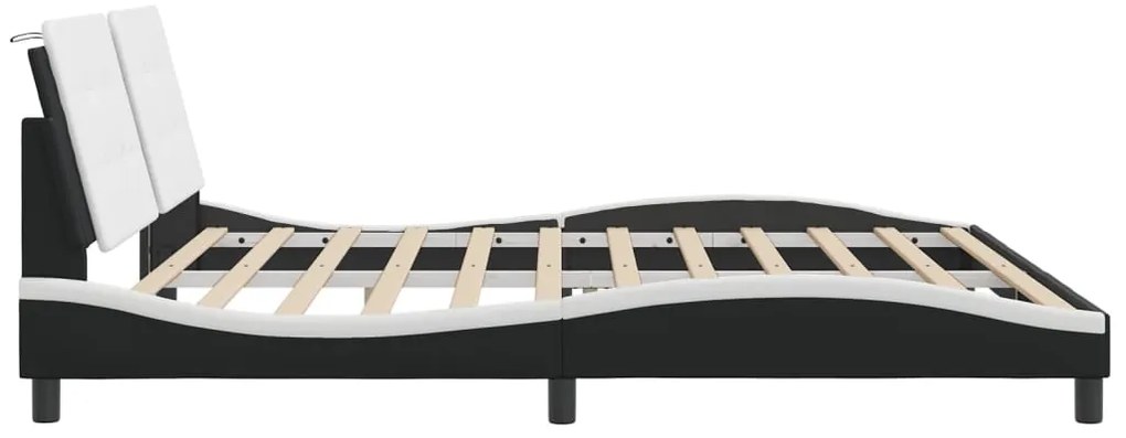 Estrutura cama c/ luz LED 200x200 cm couro artif. preto/branco