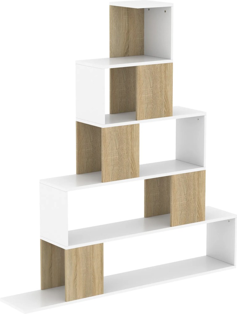 HOMCOM Estante de 5 Prateleiras com Design em Degraus Branco e Natural | Aosom Portugal