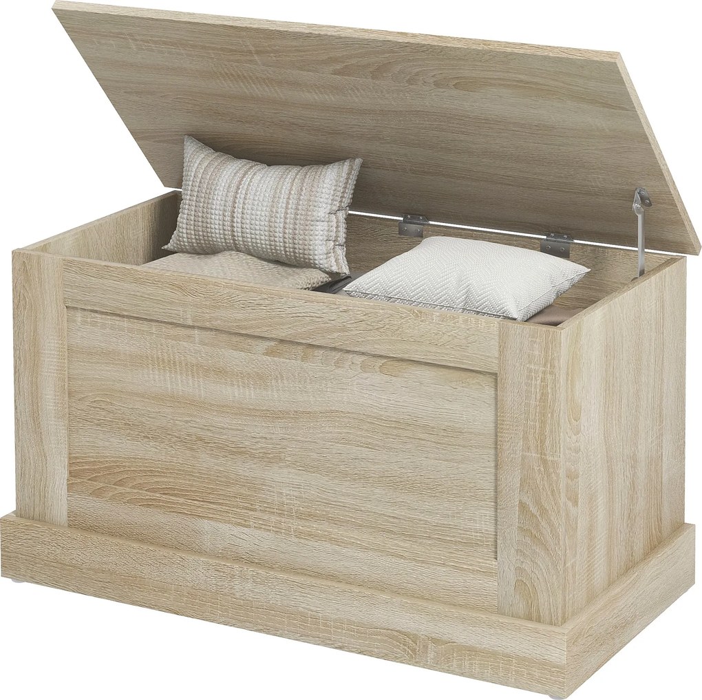 Caixa de arrumação 80 x 40 x 45 cm caixa para brinquedos, com dobradiça de segurança, para sala de estar, em cor madeira natural