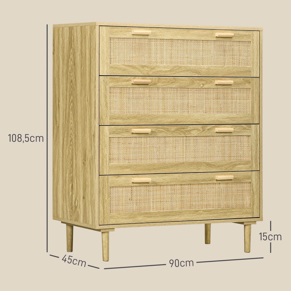 Cómoda com 4 gavetas 90 x 45 x 108,5, móvel de arrumação com frente em rattan trançado, estilo boémio acabamento em madeira clara