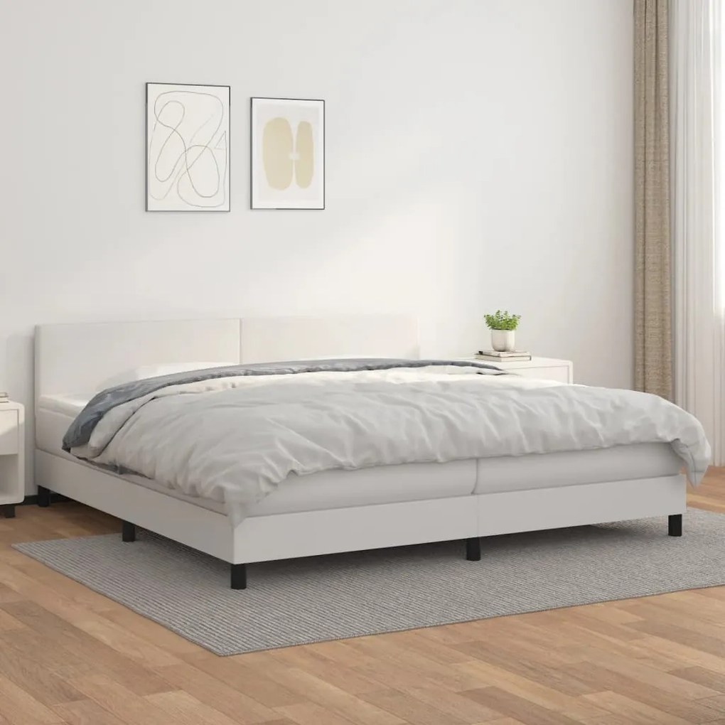 Cama com molas/colchão 200x200 cm couro artificial branco