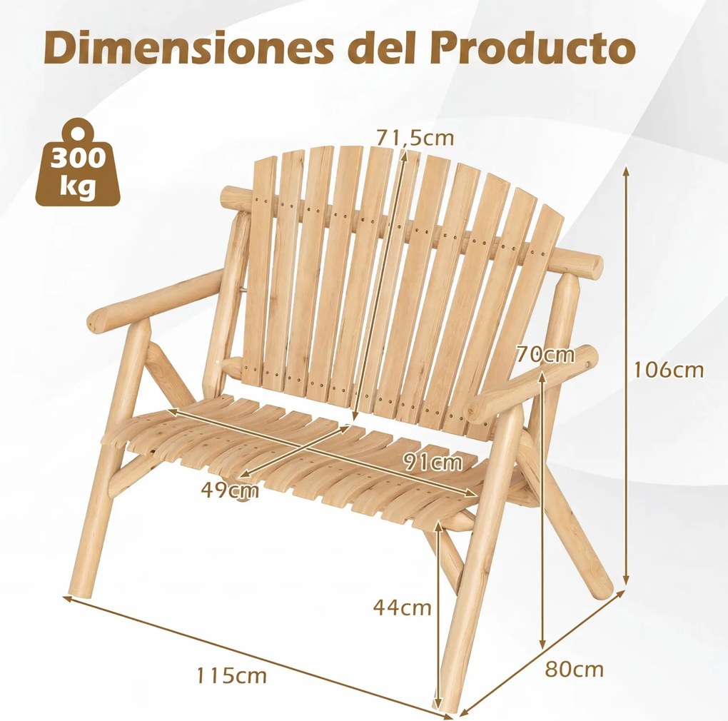 Banco de Jardim para 2 Pessoas, 115 x 80 x 106 cm, Encosto Alto, Natural