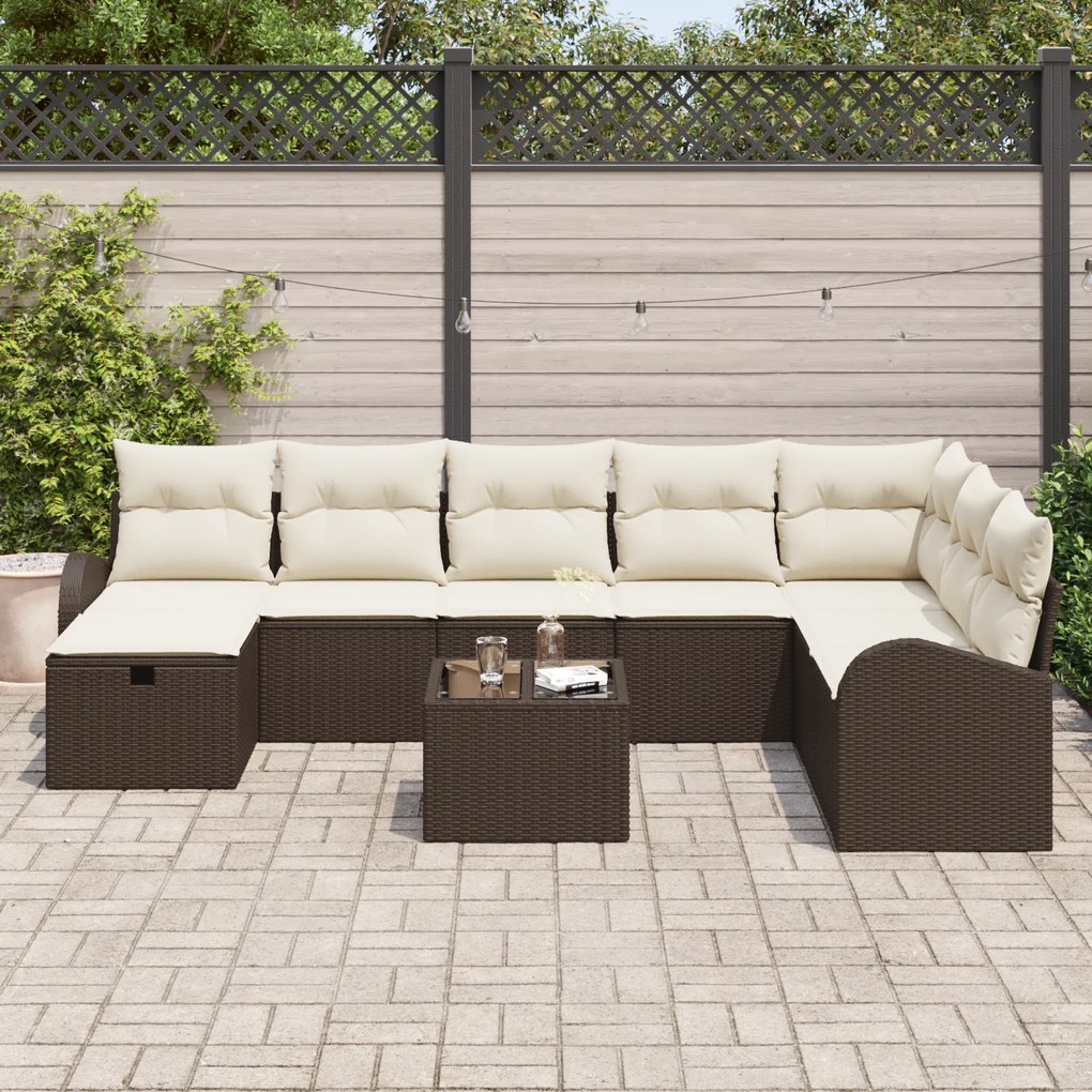 Conjunto de Sofás de Jardim de 9 Peças com Almofadas Castanho Vime Pol