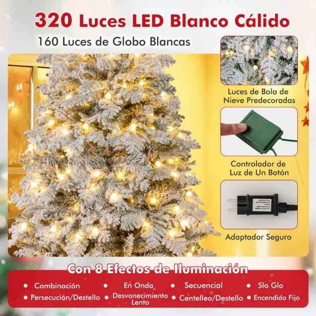 Árvore de Natal artificial com neve artificial, 210 cm, com 160 bolinhas brilhantes, luzes LED (DECORAÇÕES NÃO INCLUIDAS), 806 pontas de ramos, 8 modo