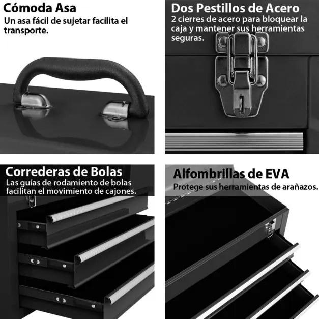 Caixa de ferramentas metálica portátil com 3 gavetas e tabuleiro de arrumação Sistema de fecho duplo 52 x 21 x 30 cm Preta