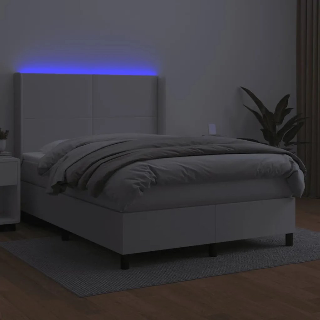 Cama box spring c/colchão/LED 140x190cm couro artificial branco