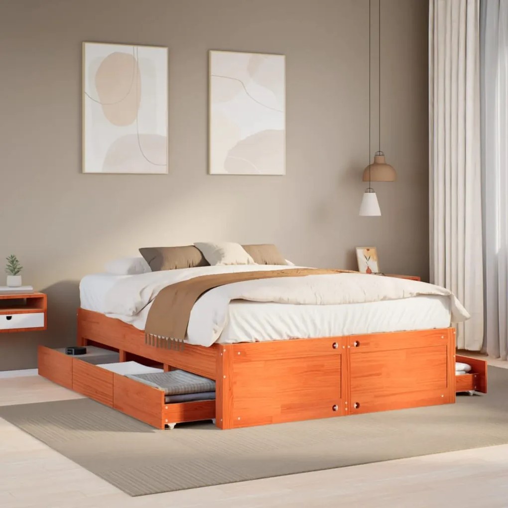 Cama sem colchão com gavetas madeira pinho maciça castanho-mel