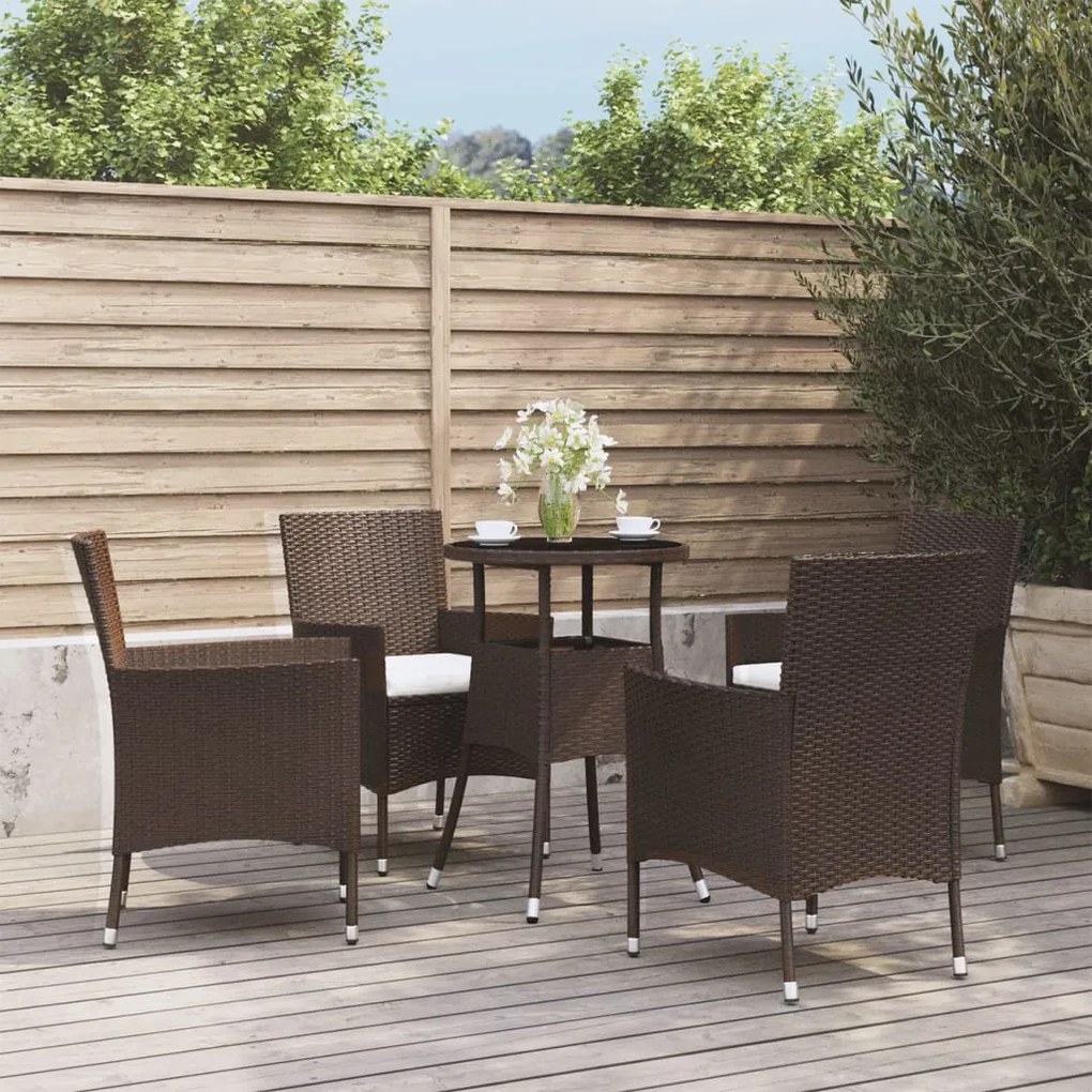 vidaXL 5 pcs conjunto bistrô p/ jardim c/ almofadões vime PE castanho