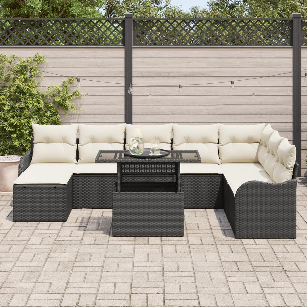 Conjunto de Sofá de Jardim com 9 Peças e Almofadas Preto Polyrattan, S