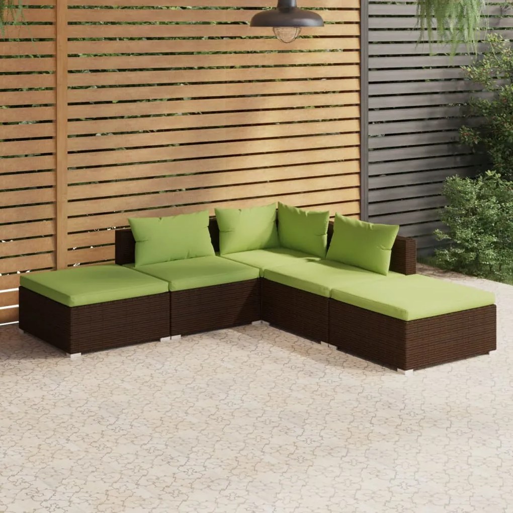 3101612 vidaXL 5 pcs conjunto lounge jardim c/ almofadões vime PE castanho
