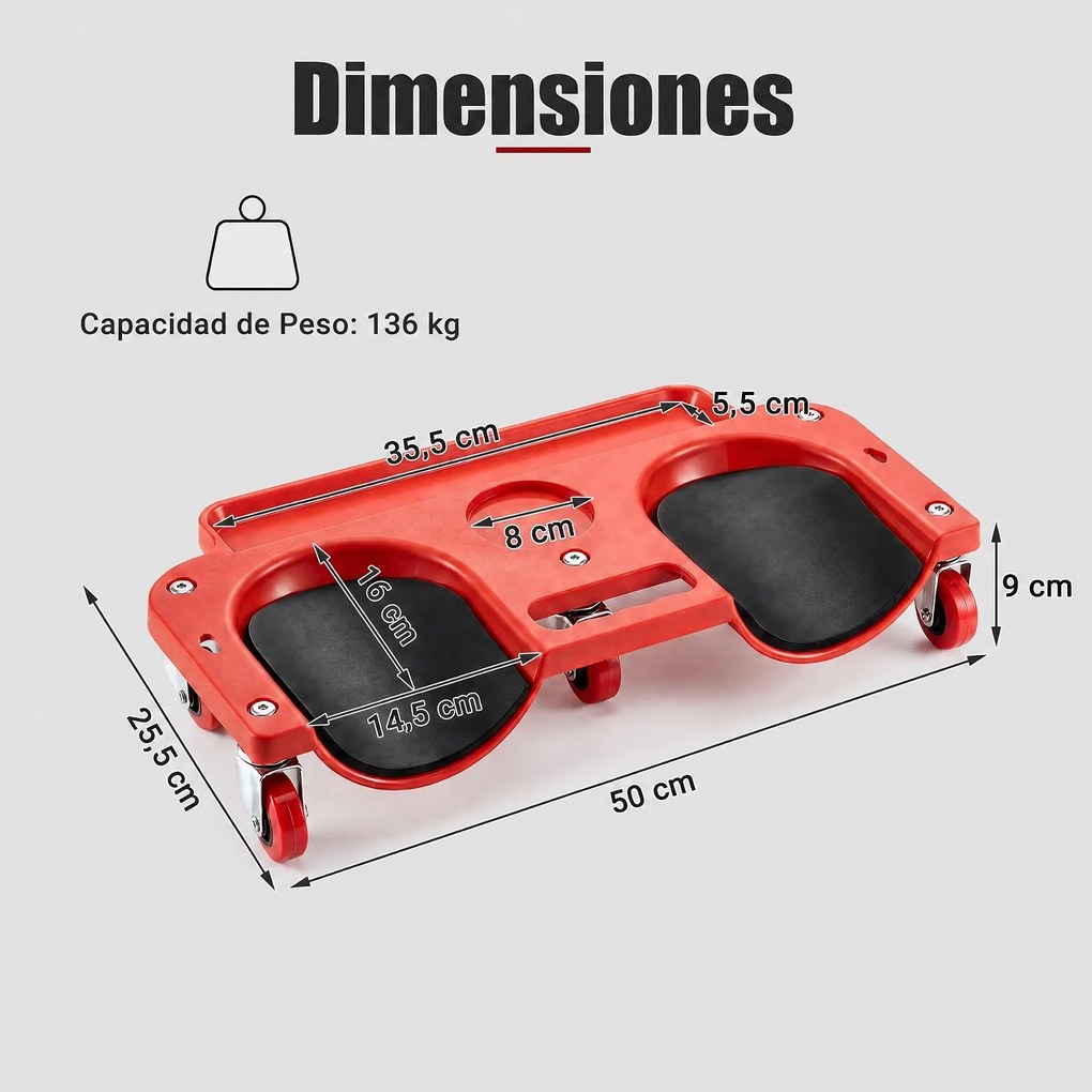 Ajoelhador de Oficina com Rodas e Tabuleiro para Ferramentas, 50 x 25,5 x 9 cm, Almofadas em Espuma EVA, Vermelho