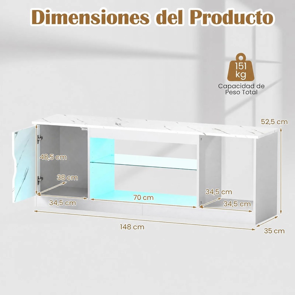 Móvel de TV, 148 x 35 x 52,5 cm, Iluminação LED com Comando à Distância, Branco