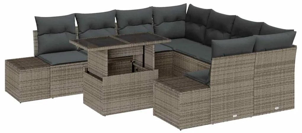 Conjunto de Sofá de Jardim de 9 Peças com Almofadas Cinza em Rattan Si