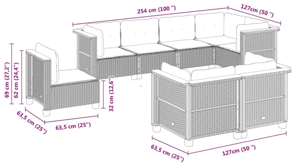 8 pcs conjunto sofás de jardim c/ almofadões vime PE cinzento