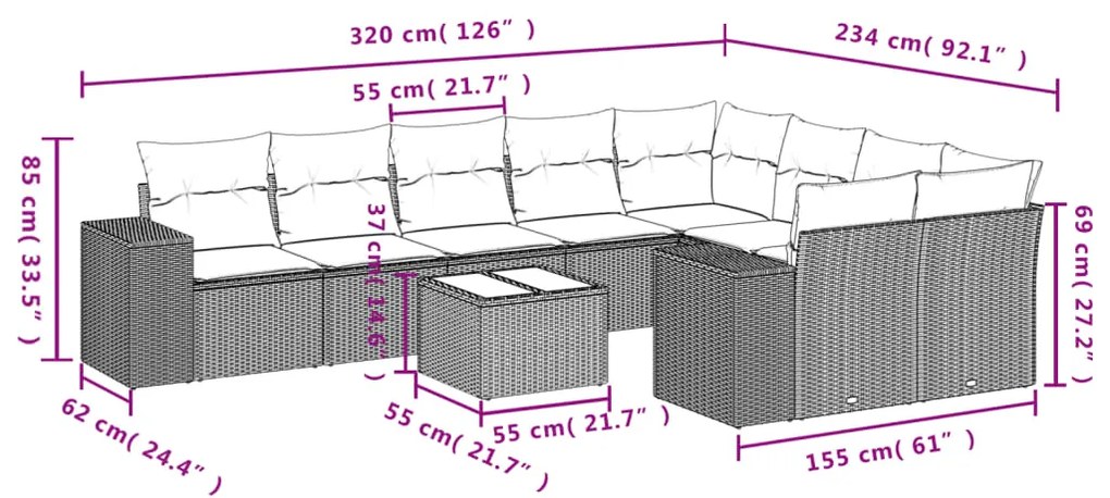 10 pcs conjunto sofás de jardim c/ almofadões vime PE cinzento