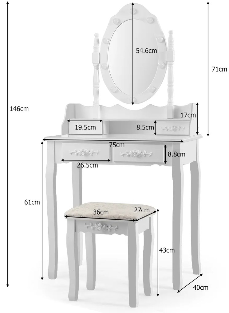 Conjunto de Toucador com Espelho Oval e 10 Lâmpadas LED Pernas em Madeira de Pinho e Almofadas Antiderrapantes Branco 75 x 40 x 146 cm Branco