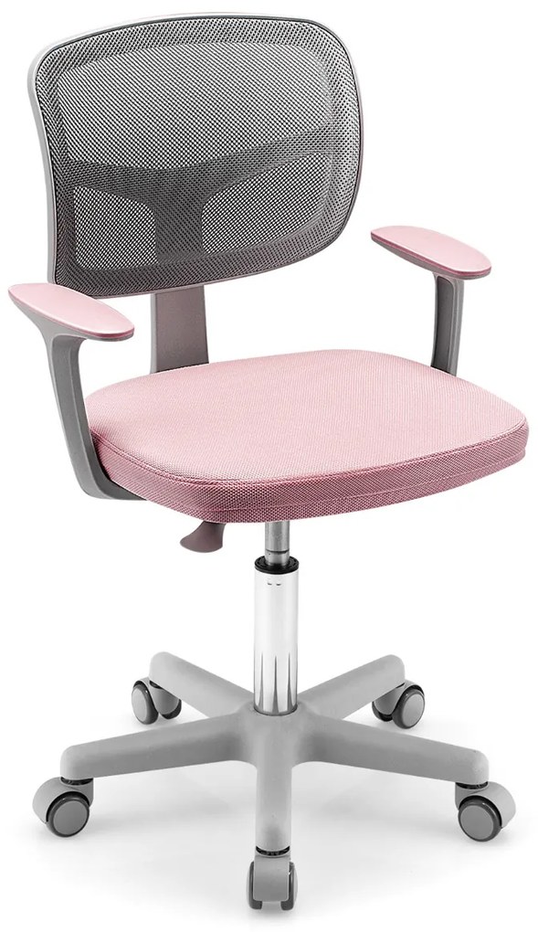 Cadeira de escrivaninha ergonómica para crianças com rodas, trava de pressão, cadeira giratória para computador, altura ajustável, suporte lombar rosa