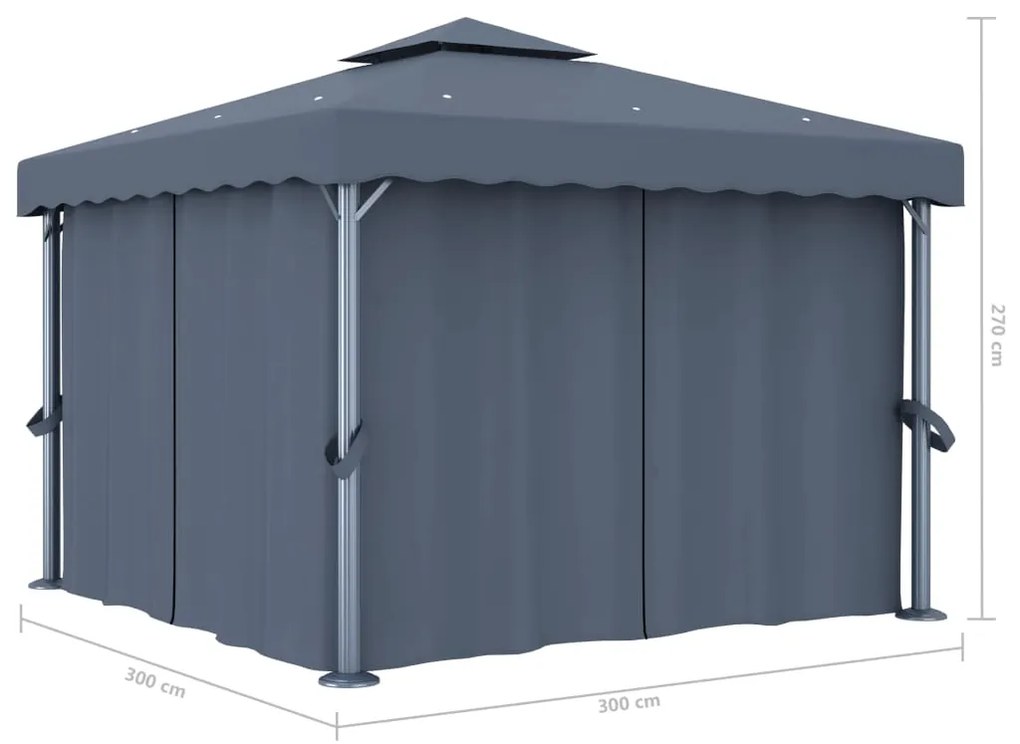 Gazebo com cortinas e cordões de luzes LED 3x3 m antracite