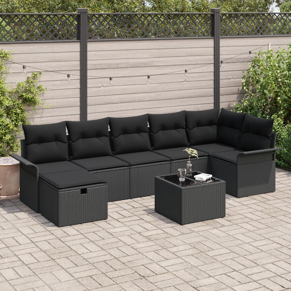 Conjunto de Sofás de Jardim de 8 Peças com Almofadas Preto Vime PE