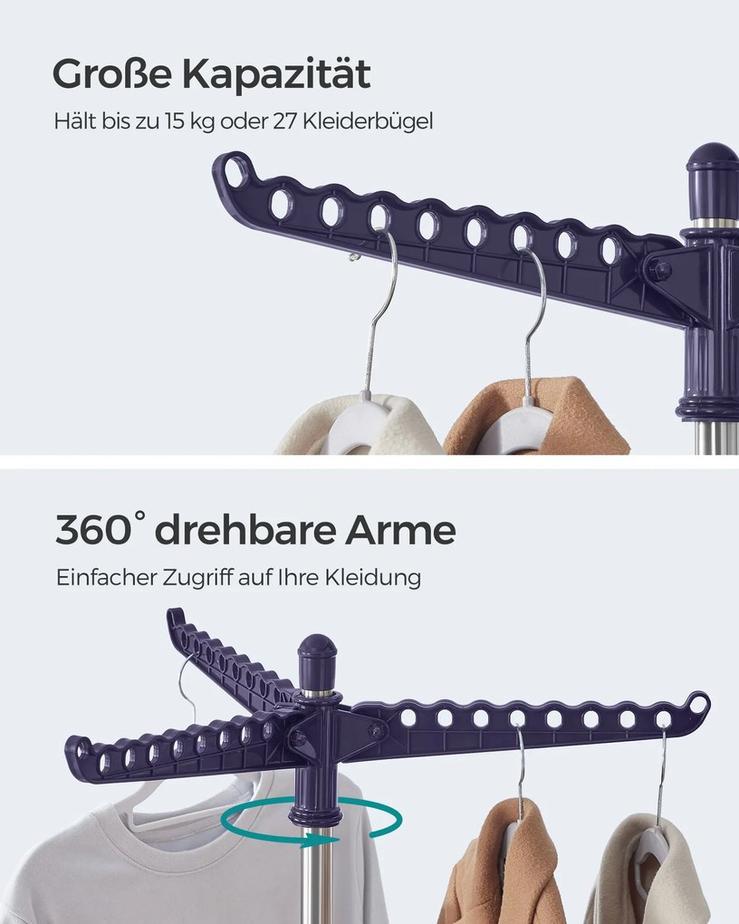 Estendal roupa com 3 braços giratórios e 4 pernas 65 x 65 x 150 cm azul-prateado