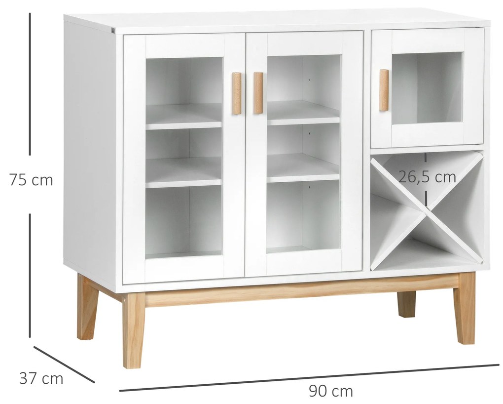 Aparador de Cozinha com 3 Portas de Vidro e Suporte para Garrafas em Forma de X para 4 Garrafas Móvel Buffet Auxiliar para Sala de Jantar Estilo Moder