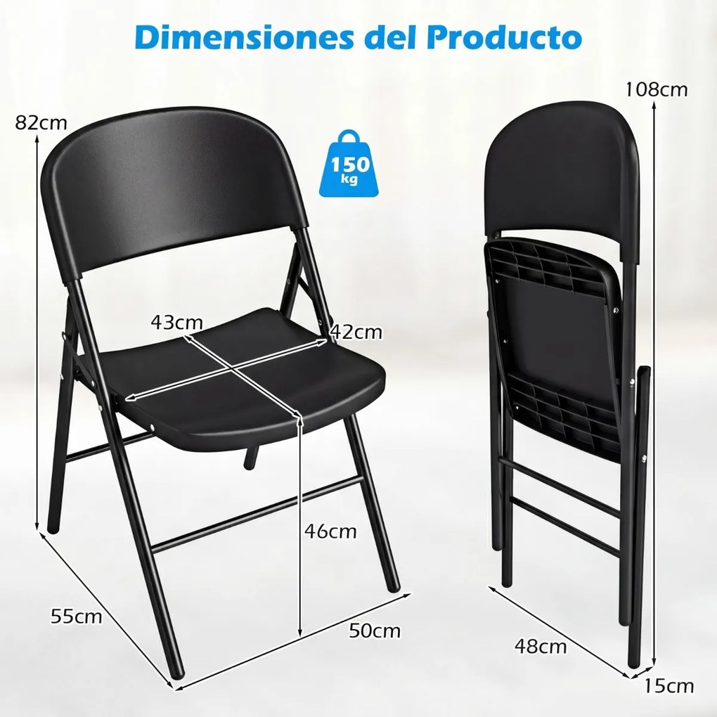 Conjunto 6 Cadeiras dobráveis de plástico para uso comercial (MESA NÃO INCLUIDA), com encosto e Estrutura metálica, para interior e exterior, escritór