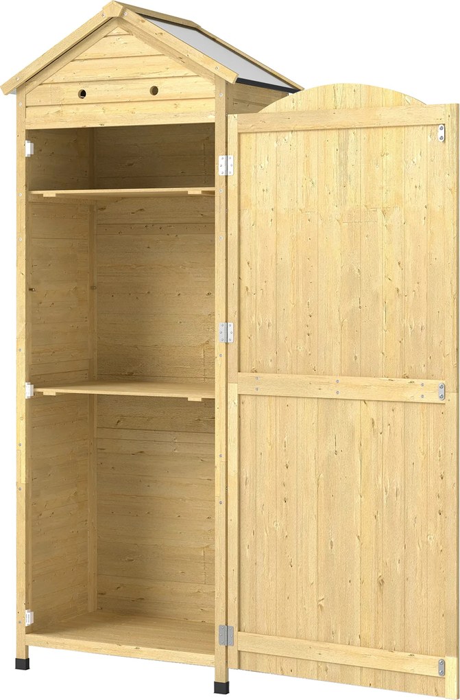 Armário de jardim 85 x 58 x 213 cm em madeira com teto em aço galvanizado com textura em relevo e prateleiras ajustáveis, madeira natural