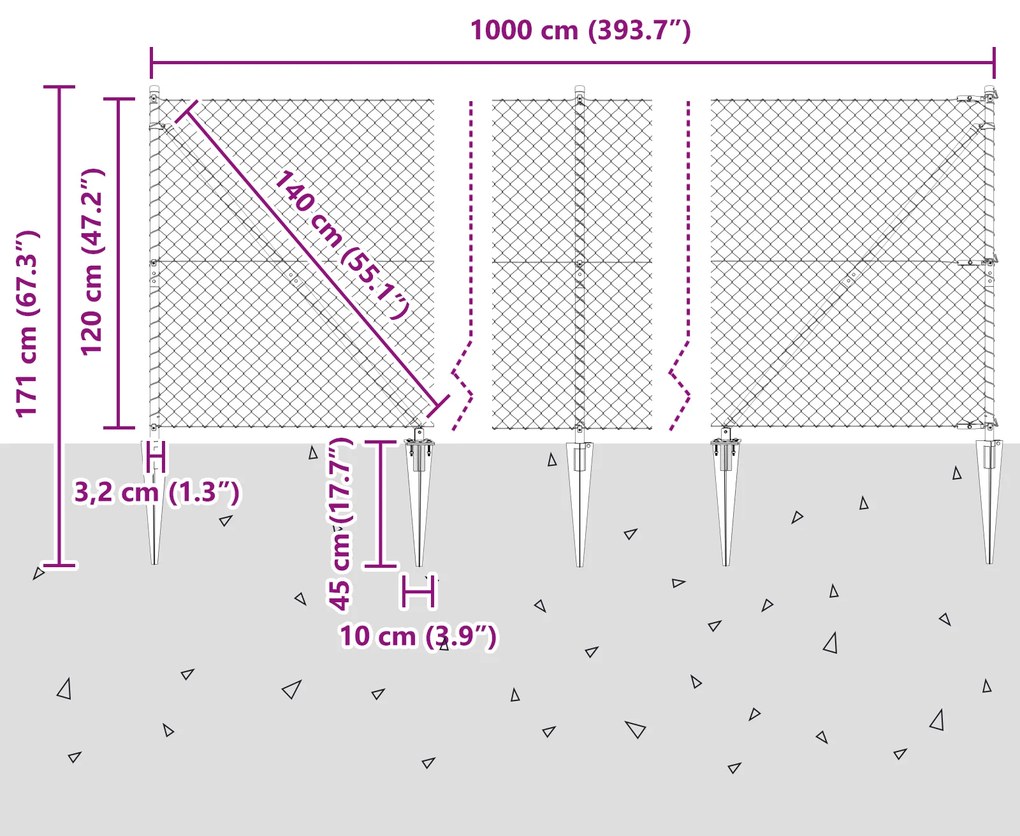 Cerca de Cadeia com 7 Postes de Espeto 1.2 x 10 m Aço Galvanizado