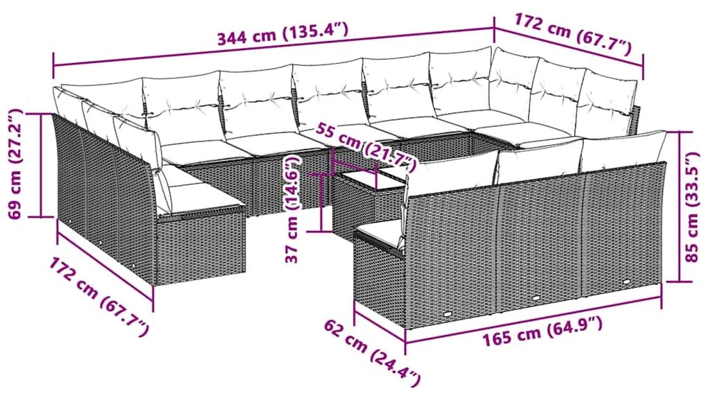 14 pcs conj. sofás jardim com almofadões vime PE cinzento-claro