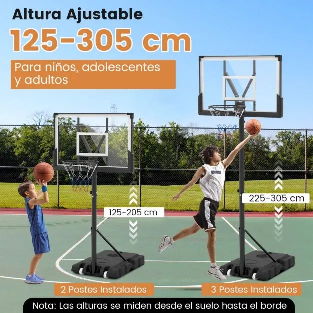 Cesto de basquetebol portátil 125-305 cm exterior ajustável para crianças/adolescentes/adultos com base Preto