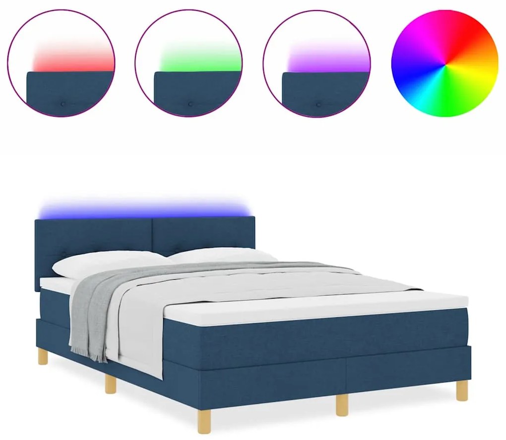 Cama Box Spring com Colchão &amp; LED Azul 140x200 cm Tecido