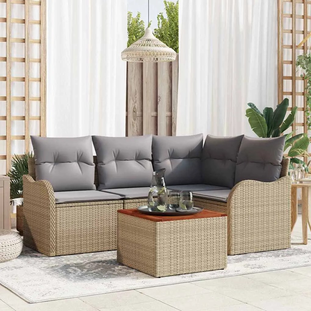 vidaXL Conjunto de Sofá de Jardim 5 Peças com Almofadas em Bege, Rattan e Acácia.
