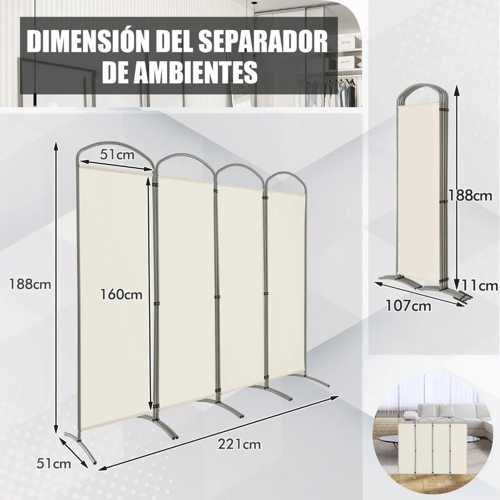 Biombo Separador de Espaços Dobrável de 4 Painéis, 221 x 51 x 188 cm, Estrutura Metálica Resistente, Branco