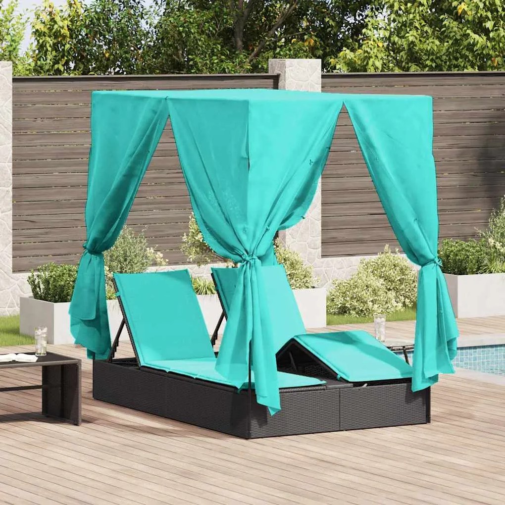 vidaXL Double Sun Lounger com cortinas Ajustável Preto Dupla