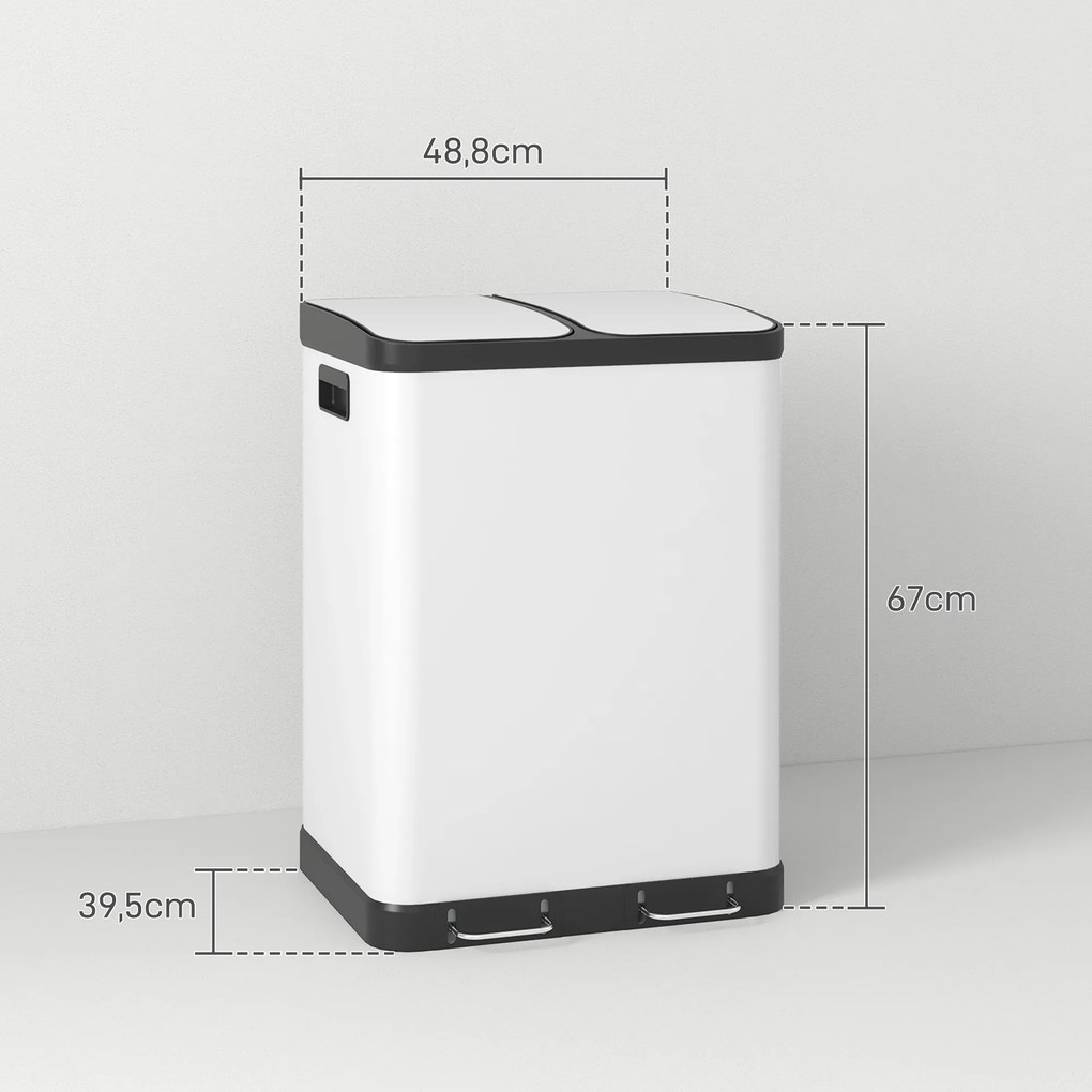 Caixote do lixo de cozinha 2 x 30 L com pedal em aço inoxidável, 2 compartimentos, tampa com fecho suave, 60 L, branco