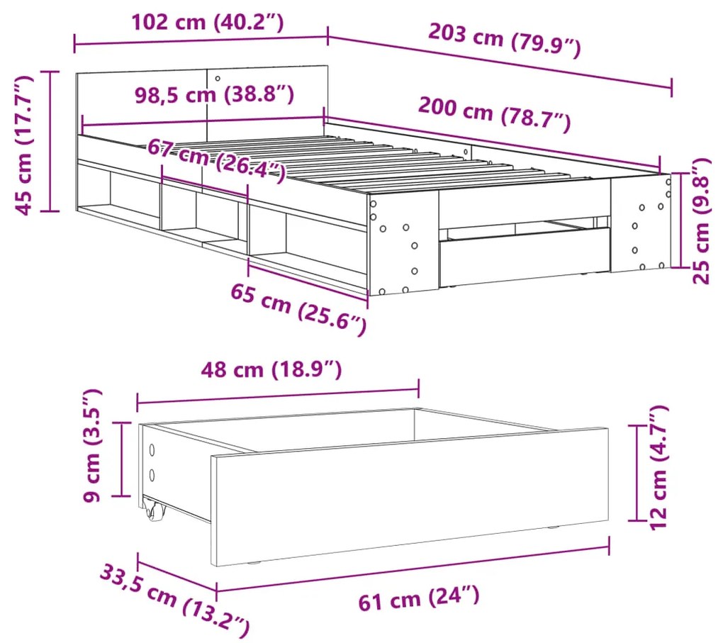 Estrutura de cama c/ gaveta 100x200 cm derivados madeira preto