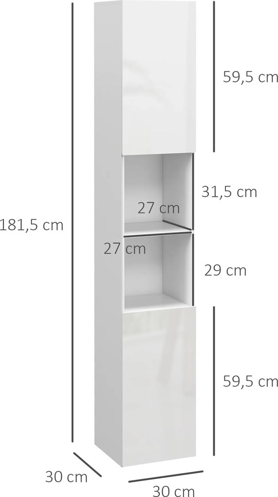 Coluna para casa de banho 30 x 30 x 181,5 cm com 2 portas e prateleiras ajustáveis, branco