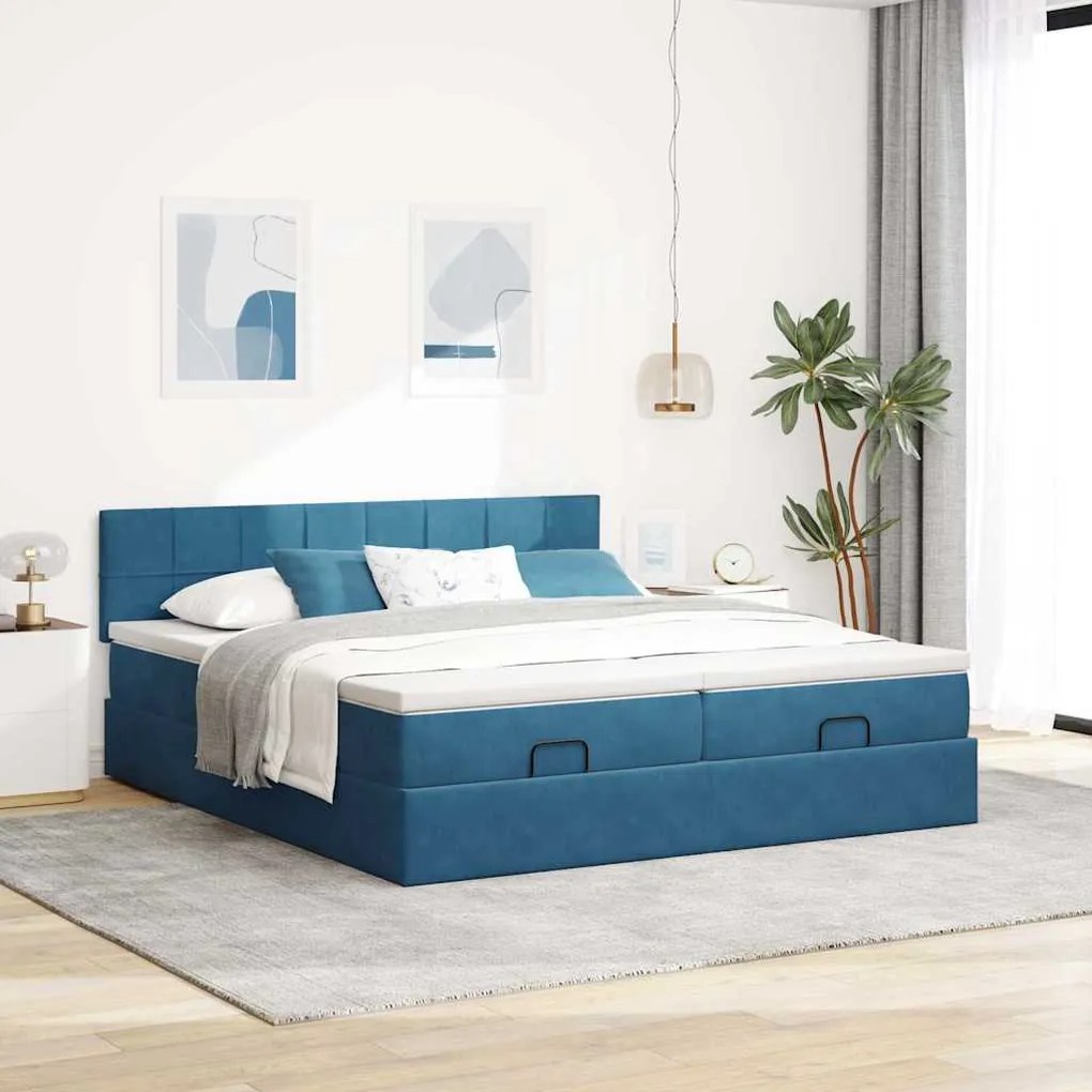 Estrutura cama otomana colchões 180x200 cm veludo azul escuro
