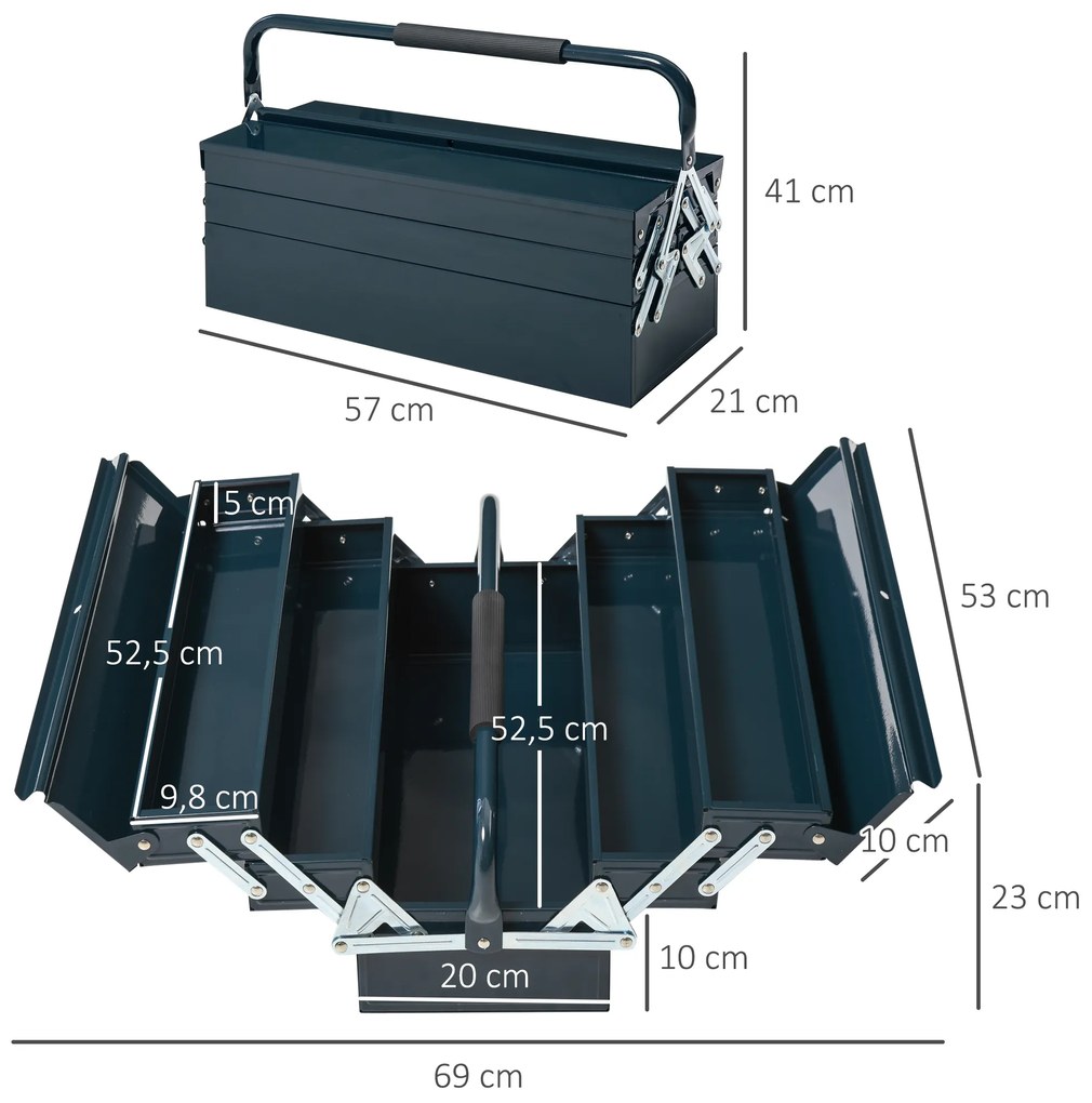 DURHAND Caixa de Ferramentas portátil Dobrável de Aço com 5 compartimentos com Alça de Transporte para oficina 57x21x41cm Verde