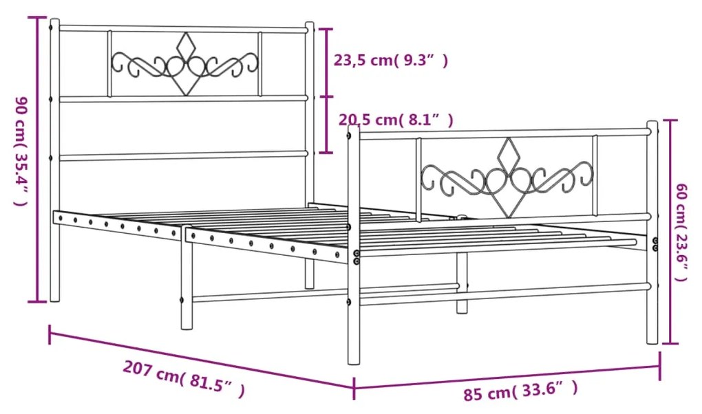 Estrutura de cama com cabeceira e pés 80x200 cm metal preto