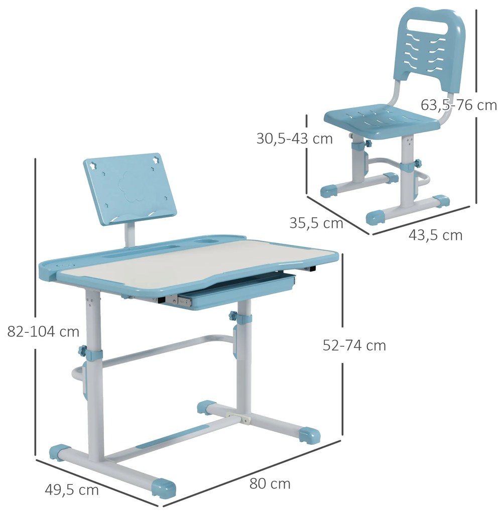 Conjunto de Secretária e Cadeira para Crianças com Altura Ajustável e Ângulo da Mesa Ajustável 80x49,5x82-104 cm Azul