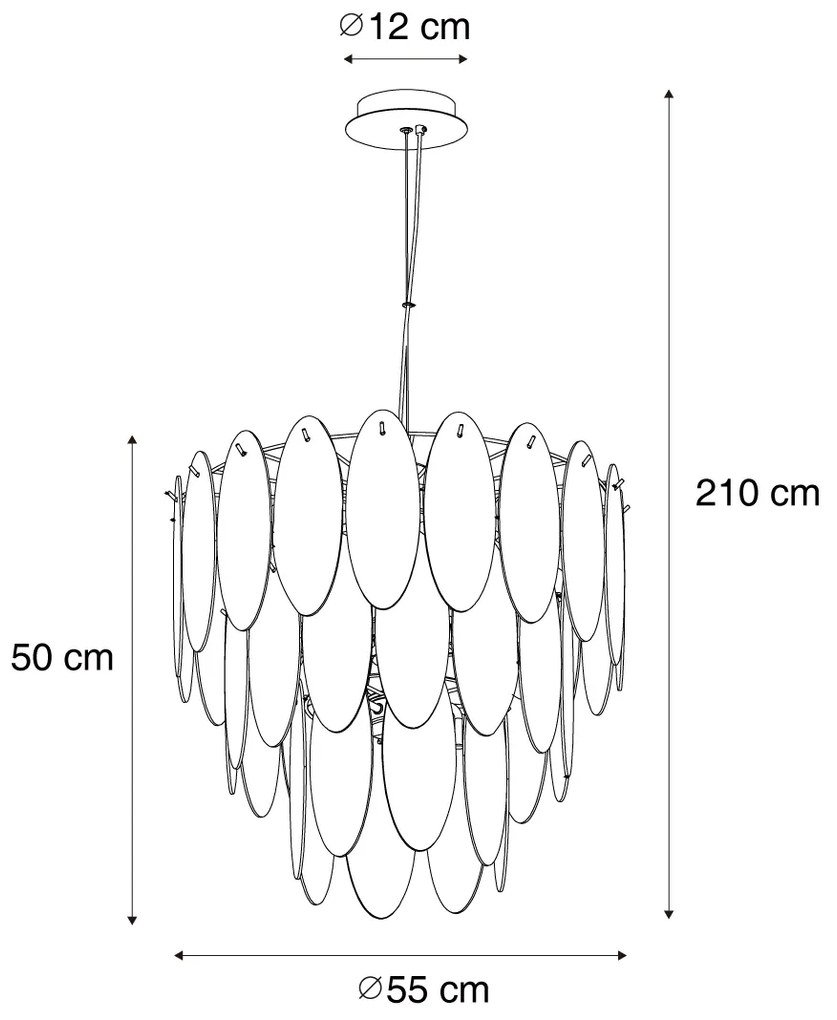 Candeeiro suspenso Art Déco dourado com vidro âmbar oval 14 luzes - Mochan Art Deco