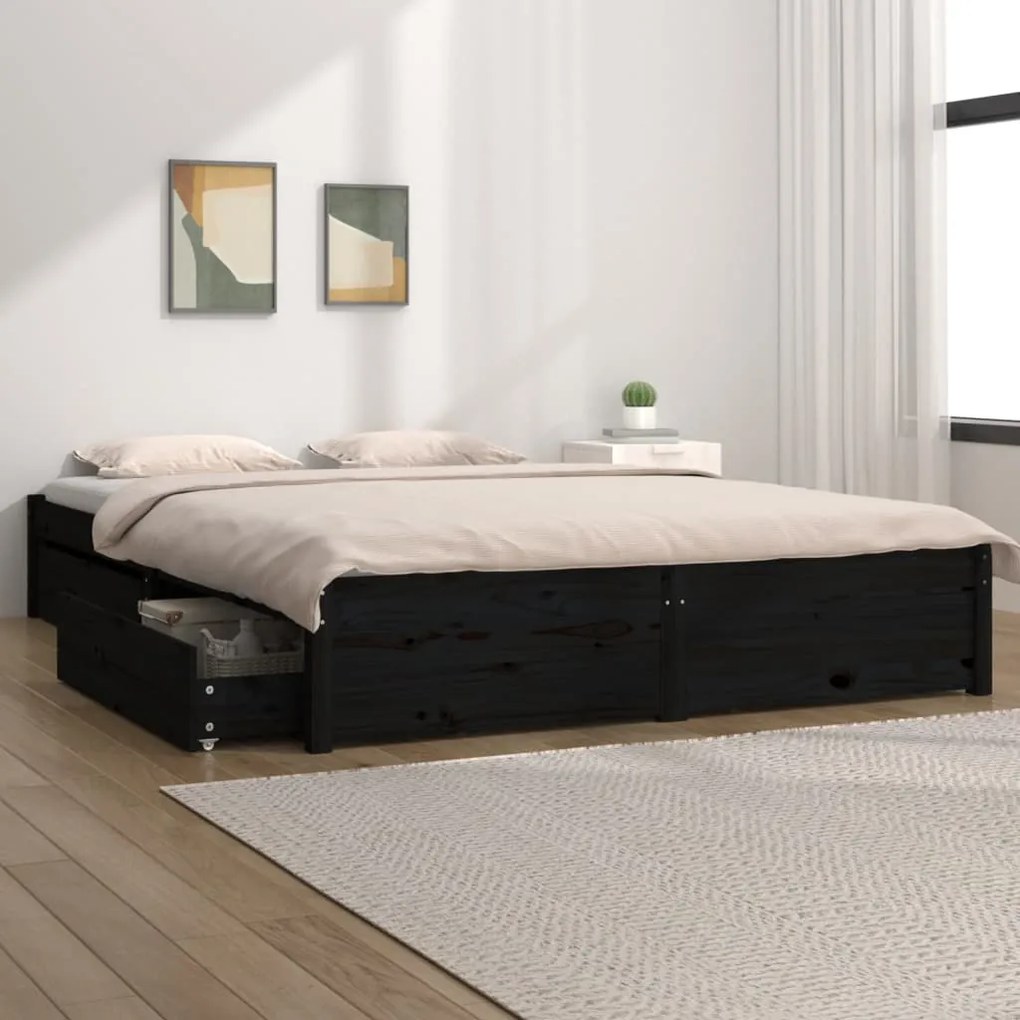 3103502 vidaXL Estrutura de cama com gavetas 135x190 cm casal preto