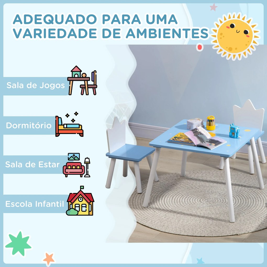 ZONEKIZ Conjunto de Mesa e 2 Cadeiras Infantil Mesa Infantil Móveis de Madeira Crianças para Sala de Estar Brinquedoteca Dormitório 68x68x47cm e 30x30x51,5cm Azul