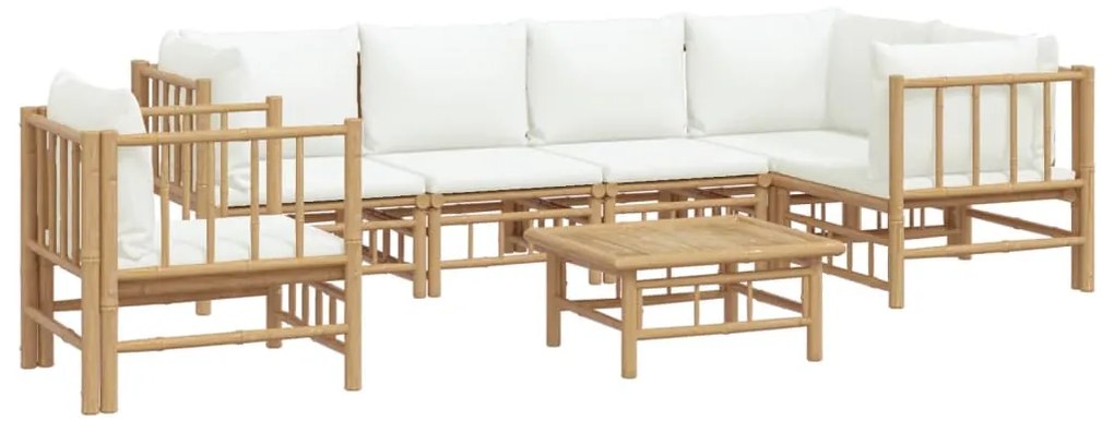 7 pcs conjunto lounge de jardim bambu c/ almofadões branco nata