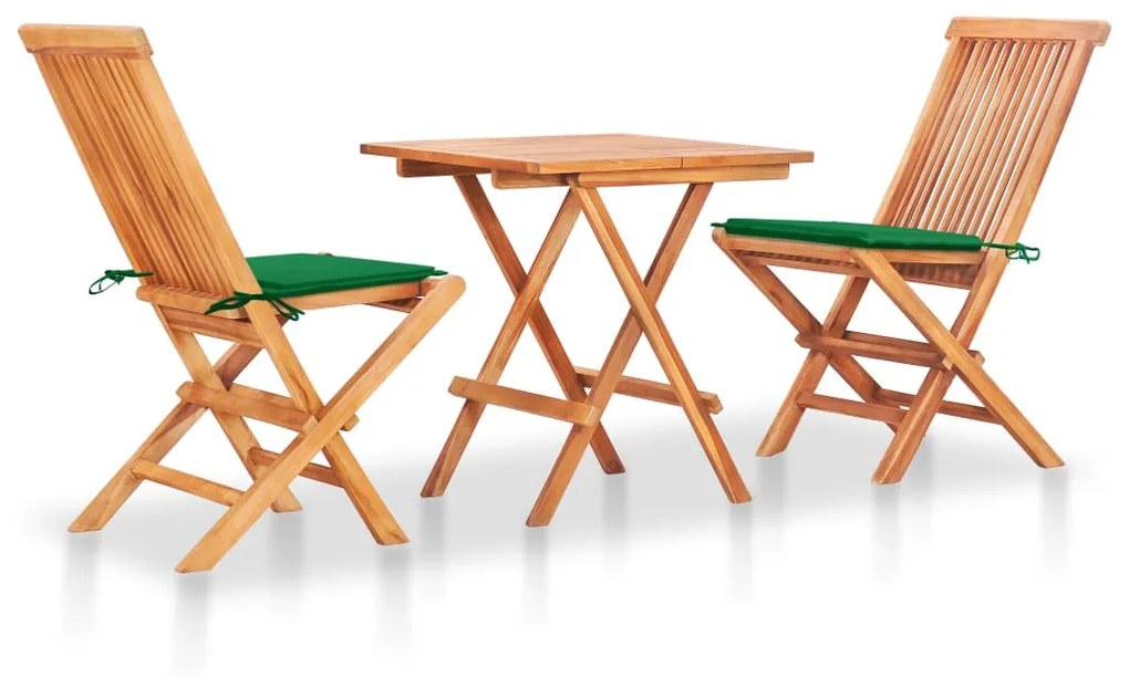 vidaXL Conjunto bistrô c/ almofadões verdes 3 pcs teca maciça