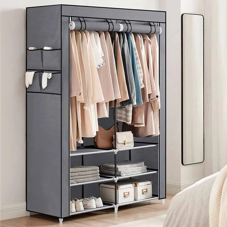Guarda Roupa em tecido com 2 varões para roupa e 4 bolsos laterais 45 x 127 x 176 cm Cinzento